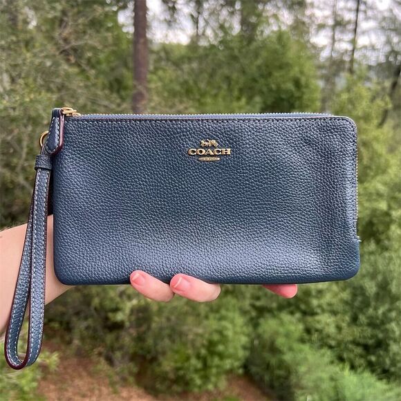 Coach Accessories - COACH Double Zip Phone Wristlet Wallet Blue Pebbled Leather w Gold Hardware